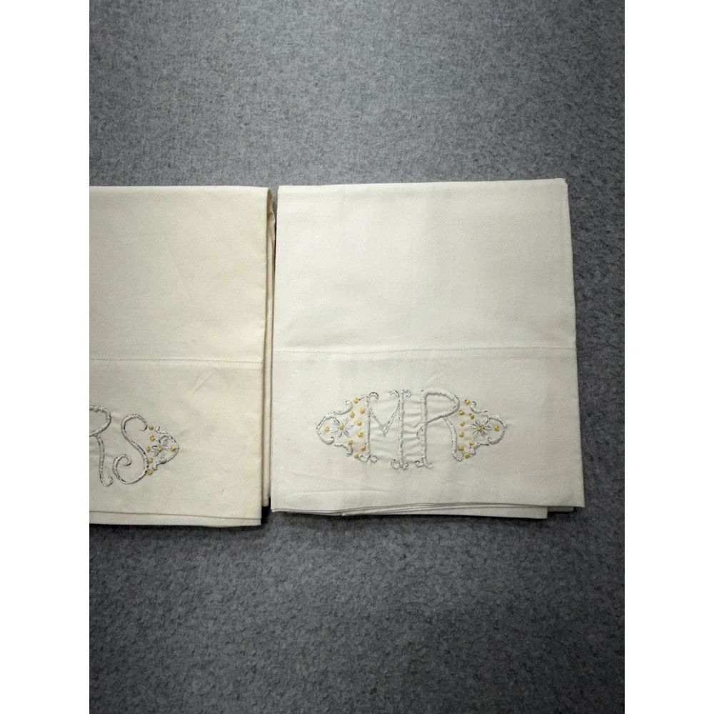 Pacific Percale Pillowcases‎ Set of 2 Mr & Mrs Embroidered Made in USA 42x38.5